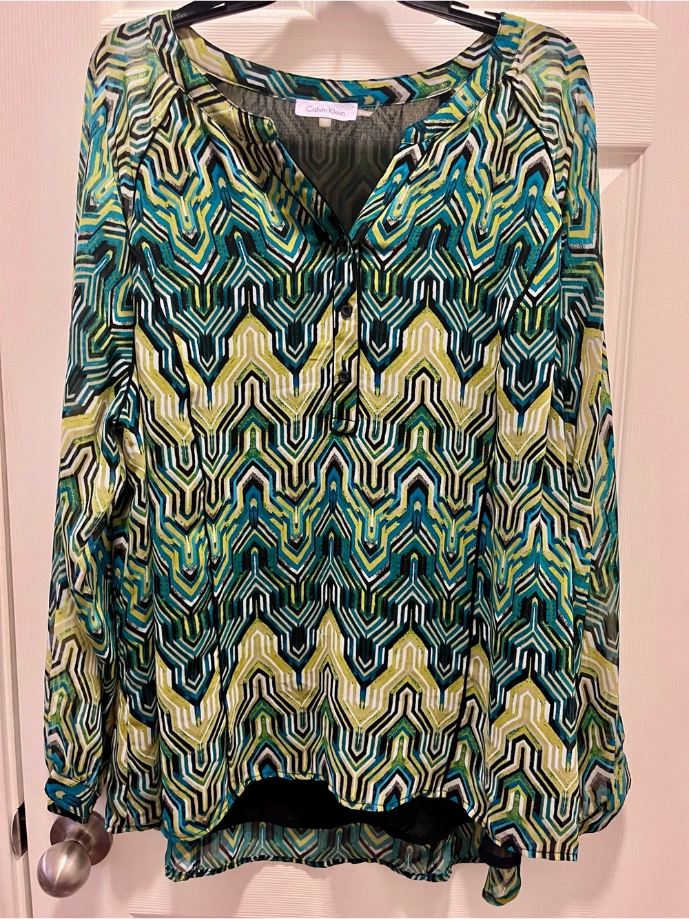 Calvin Klein 2X Sheer Sleeve Geometric Print Blouse Teal Green Black